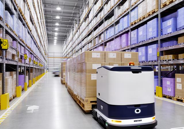 Veicolo a guida autonoma AGV in movimento in un magazzino logistico con scaffalature e pallet