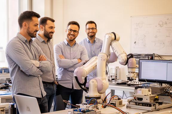 Team di ingegneri di A1 Innovazione nella sede di Cesena con robot collaborativo in fase di sviluppo